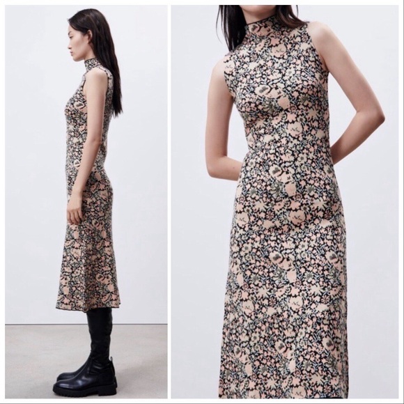 Zara Dresses & Skirts - Zara Floral Jacquard Knit Sweater Dress Midi  Mockneck Sleeveless Size S